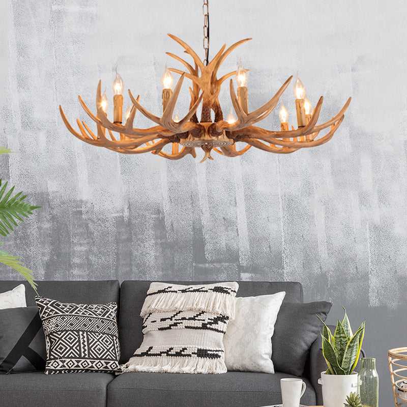 4/6/8 Heads Resin Chandelier Rustic Brown Candle Dining Room Pendant Light with Deer Antler