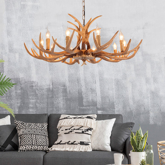 4/6/8 Heads Resin Chandelier Rustic Brown Candle Dining Room Pendant Light with Deer Antler