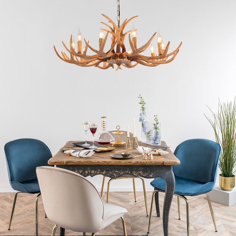 4/6/8 Heads Resin Chandelier Rustic Brown Candle Dining Room Pendant Light with Deer Antler