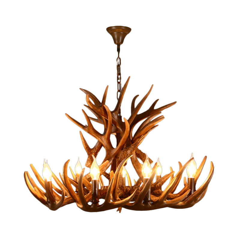 Brown Resin Candelabra Chandelier: 9-Head Pendant Ceiling Light for Rural Restaurants