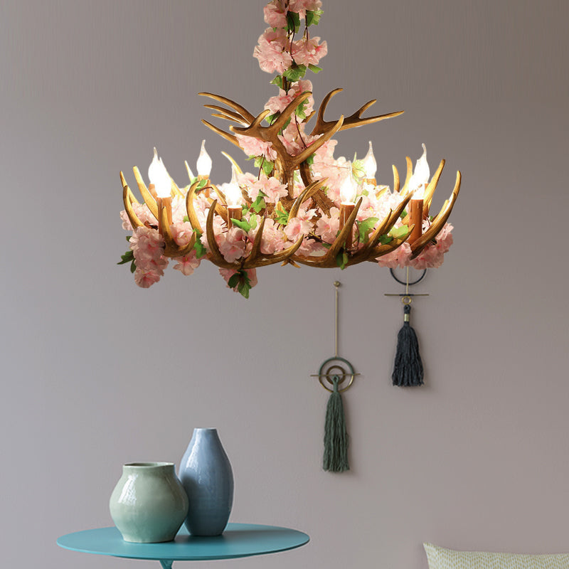 Rustic Resin Hanging Lamp - Candle Living Room Pendant Light with 4/6/12 Bulbs - Pink/Green Chandelier