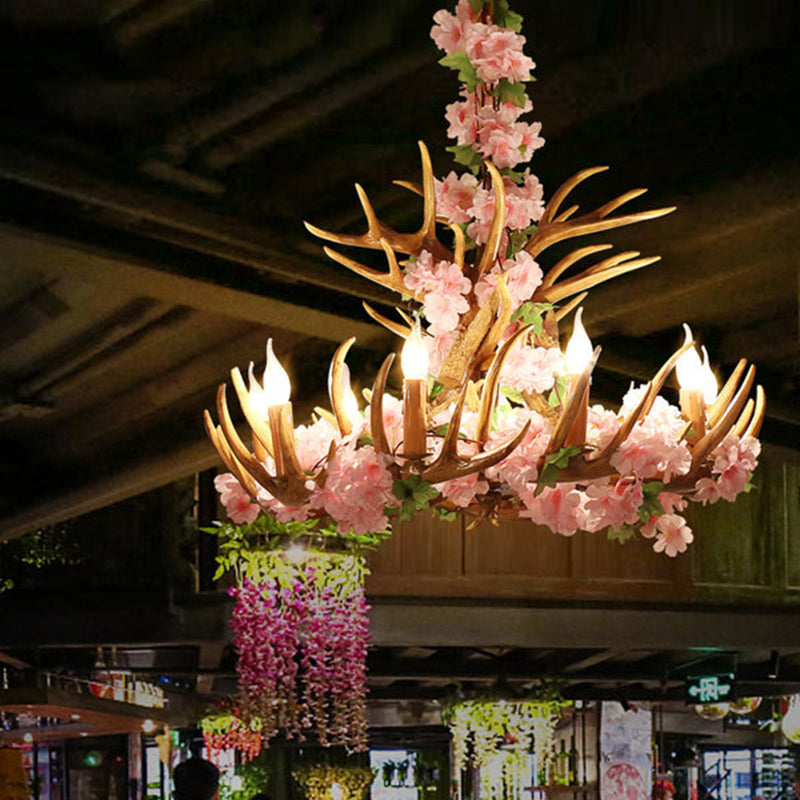 Rustic Resin Hanging Lamp - Candle Living Room Pendant Light with 4/6/12 Bulbs - Pink/Green Chandelier