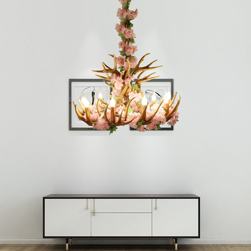 Rustic Resin Hanging Lamp - Candle Living Room Pendant Light with 4/6/12 Bulbs - Pink/Green Chandelier