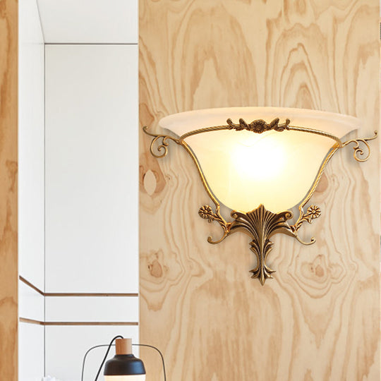 Trumpet Flare Sconce Light with Traditionary Milk Glass, Brass Finish, and Vine Decoration