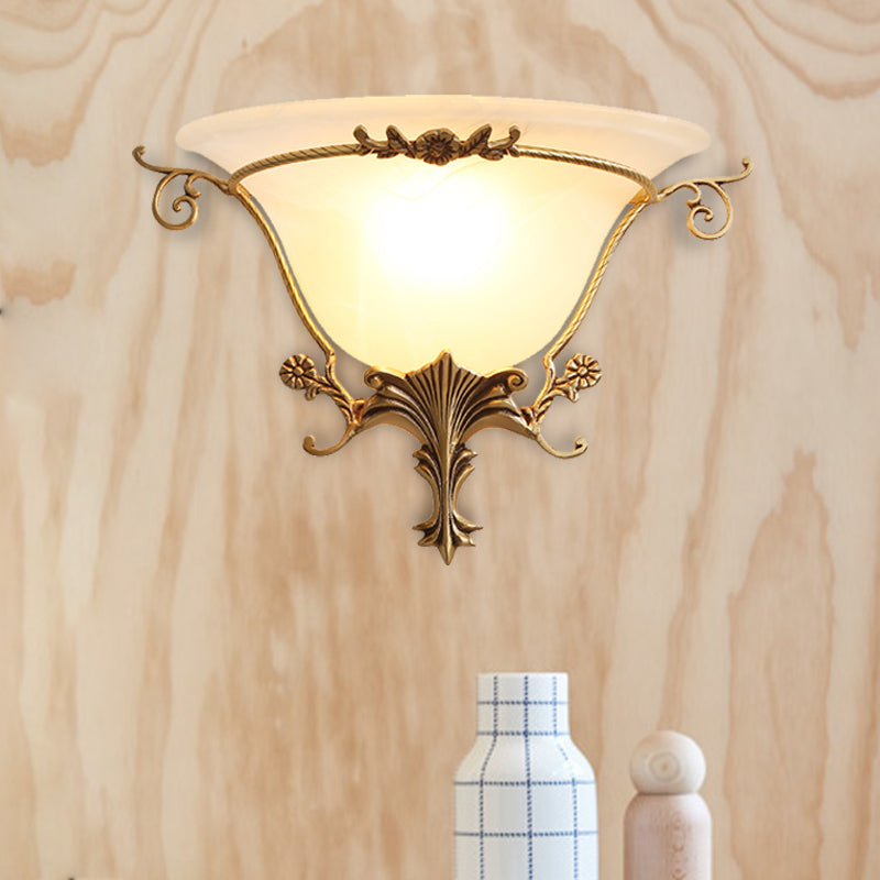 Trumpet Flare Sconce Light with Traditionary Milk Glass, Brass Finish, and Vine Decoration