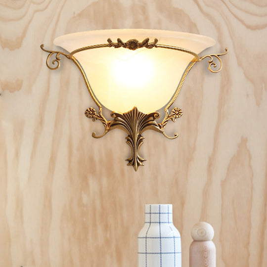 Trumpet Flare Sconce Light with Traditionary Milk Glass, Brass Finish, and Vine Decoration