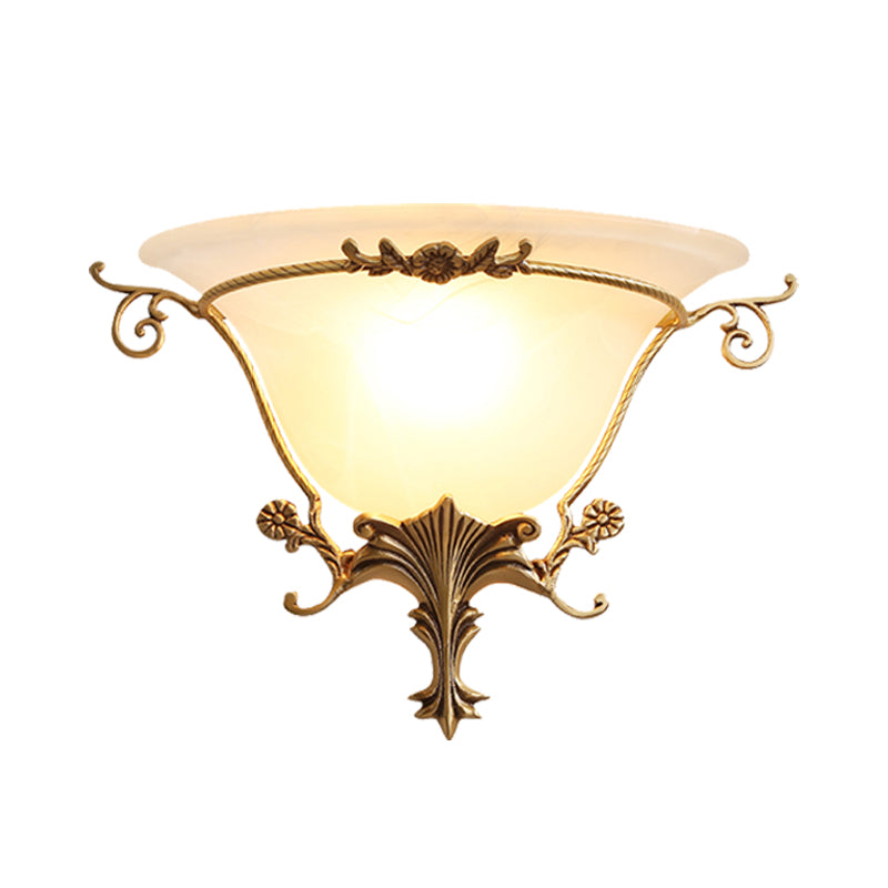 Trumpet Flare Sconce Light with Traditionary Milk Glass, Brass Finish, and Vine Decoration