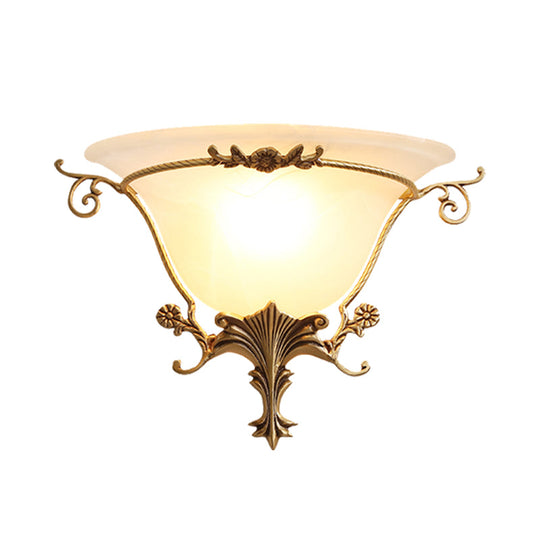 Trumpet Flare Sconce Light with Traditionary Milk Glass, Brass Finish, and Vine Decoration
