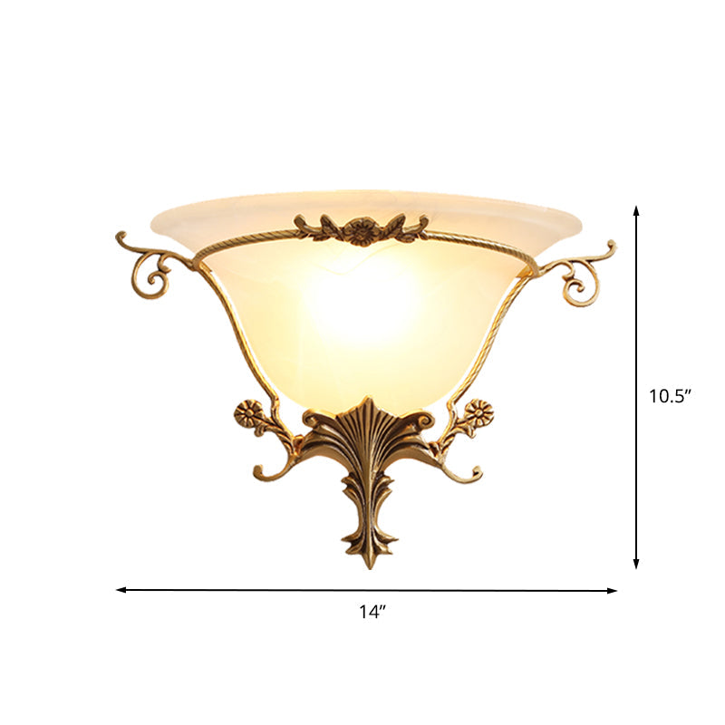 Trumpet Flare Sconce Light with Traditionary Milk Glass, Brass Finish, and Vine Decoration