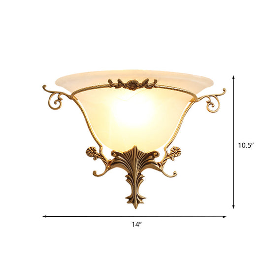 Trumpet Flare Sconce Light with Traditionary Milk Glass, Brass Finish, and Vine Decoration