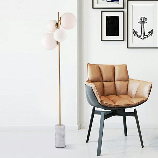 Postmodern 4-Head Floor Light with Brass Globe Stand Up Lamp and White Glass Shade - Ideal for Living Room