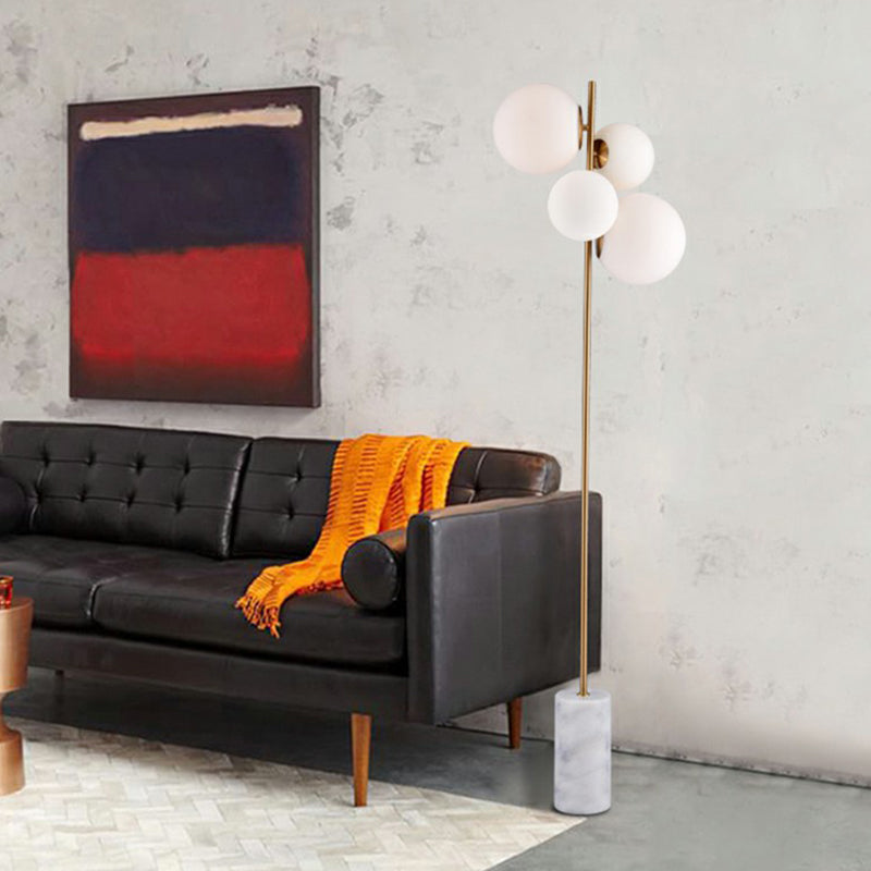 Postmodern 4-Head Floor Light with Brass Globe Stand Up Lamp and White Glass Shade - Ideal for Living Room