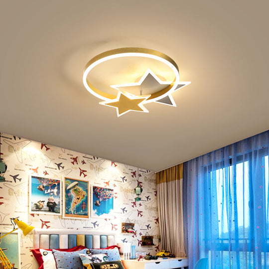 Gold Star and Circle LED Ceiling Flush Mount Light for Kids Room – Childrens Metal Fixture