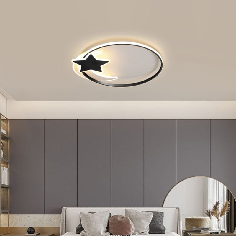Black Ring LED Ceiling Flush Light with Moon and Star Decor - Simplicity Metal Flush Mount Lamp