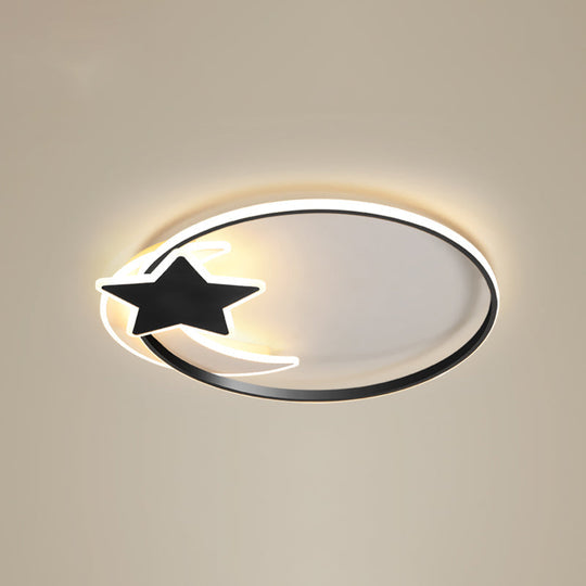 Black Ring LED Ceiling Flush Light with Moon and Star Decor - Simplicity Metal Flush Mount Lamp