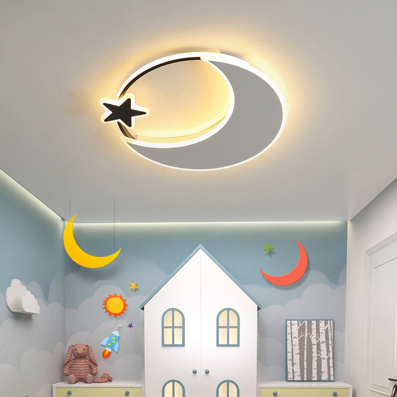 Kids' LED Moon and Star Ceiling Light Fixture - Acrylic Black-White Flush Mount for Bedroom