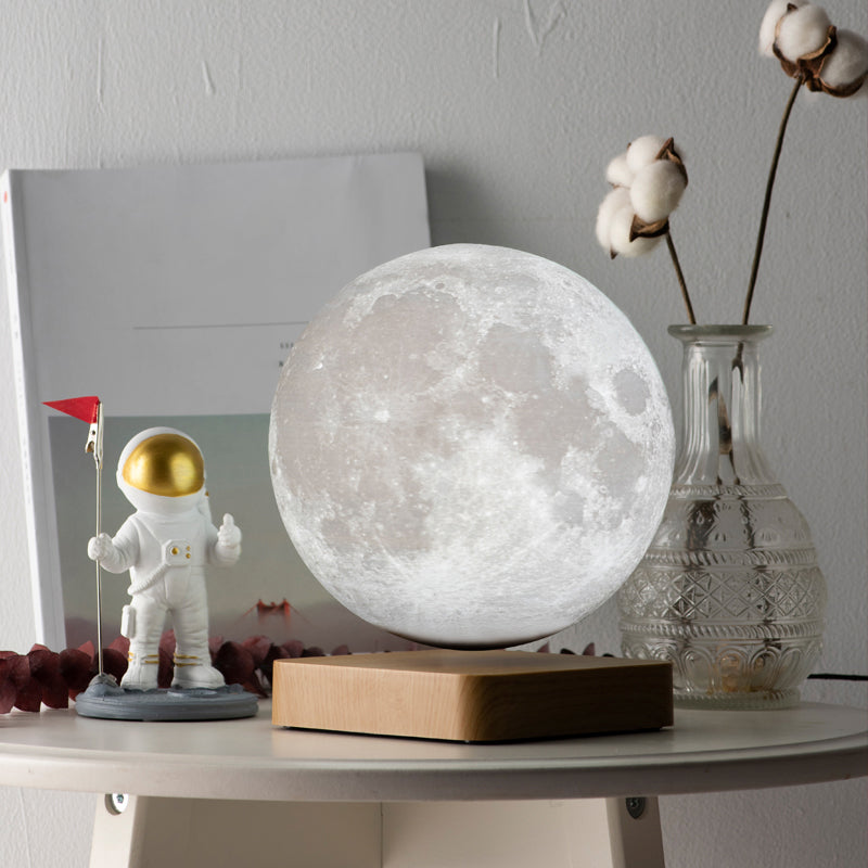 Kids Moon Sphere Maglev Table Lamp - Plastic Bedside LED Night Light in White-Wood