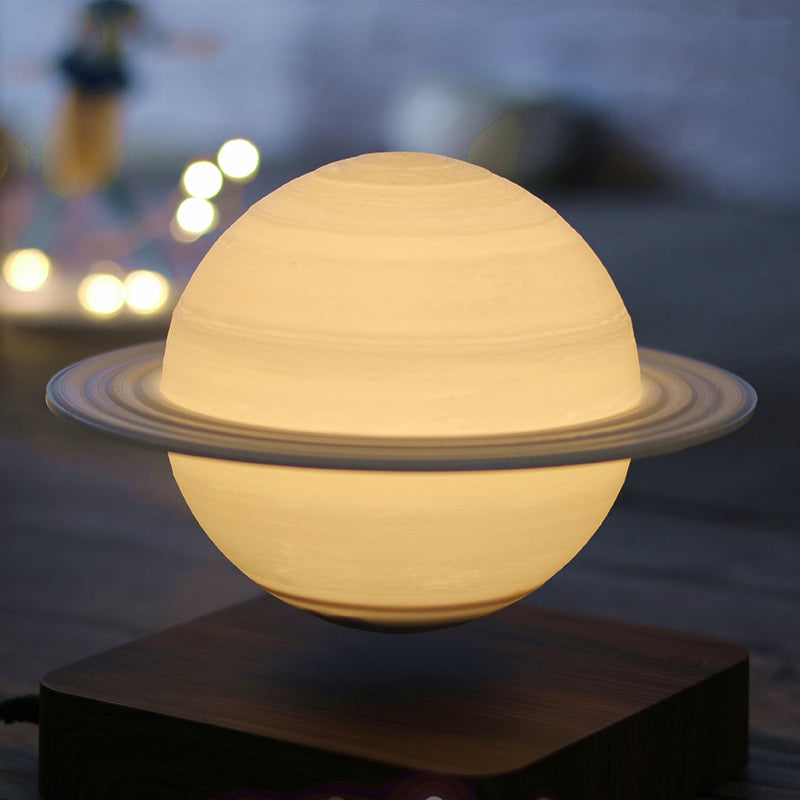 Kids Moon Sphere Maglev Table Lamp - Plastic Bedside LED Night Light in White-Wood