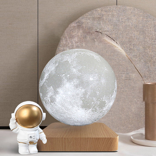 Kids Moon Sphere Maglev Table Lamp - Plastic Bedside LED Night Light in White-Wood