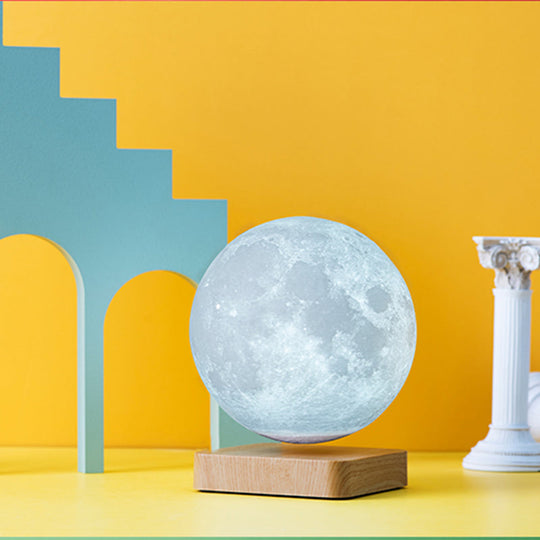 Kids Moon Sphere Maglev Table Lamp - Plastic Bedside LED Night Light in White-Wood