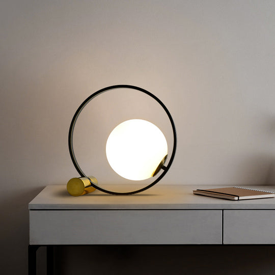 Sleek Black Bedside Table Lamp: Ring and Ball Night Light in Simplicity White Glass