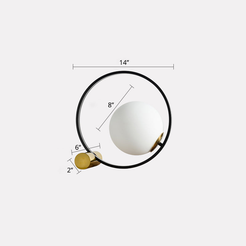 Sleek Black Bedside Table Lamp: Ring and Ball Night Light in Simplicity White Glass