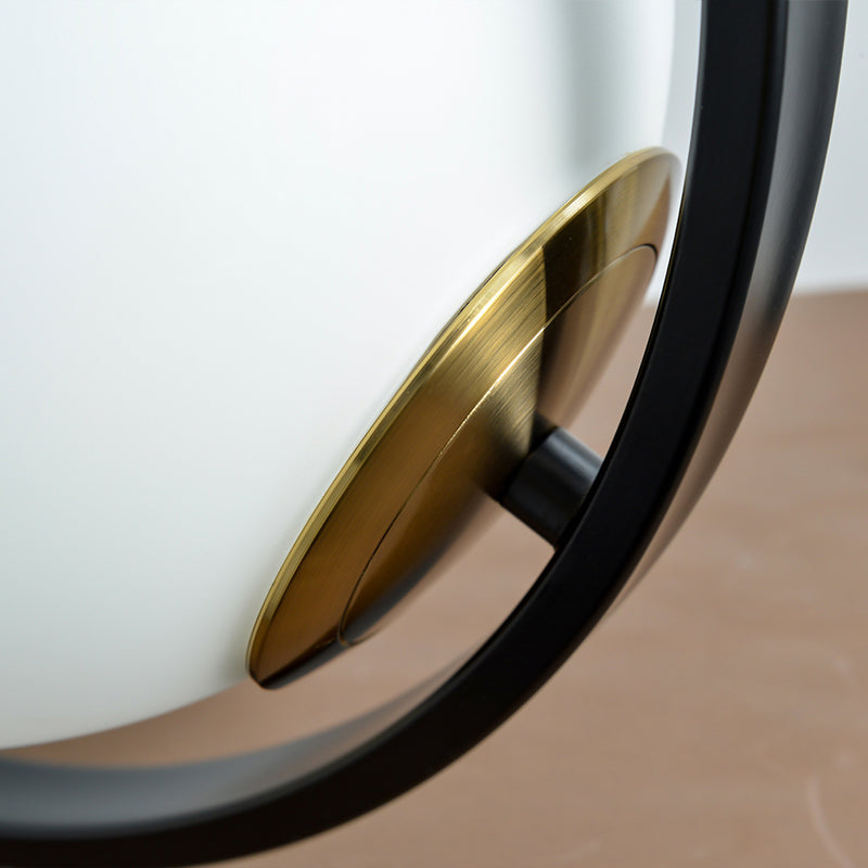 Sleek Black Bedside Table Lamp: Ring and Ball Night Light in Simplicity White Glass