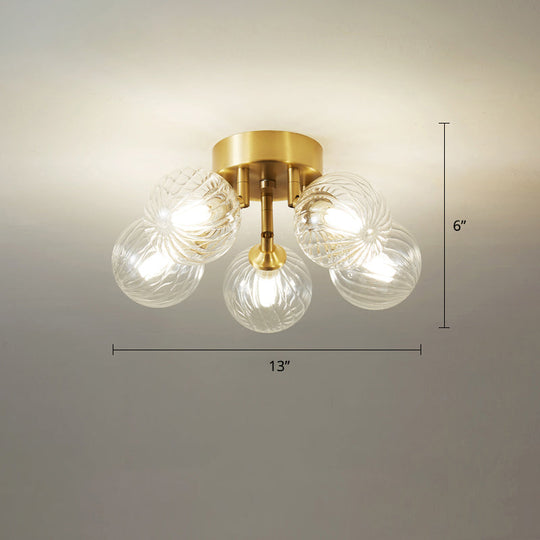 Modern Brass Semi-Flush Ceiling Light with Clear Twist Glass for Dining Room Lighting