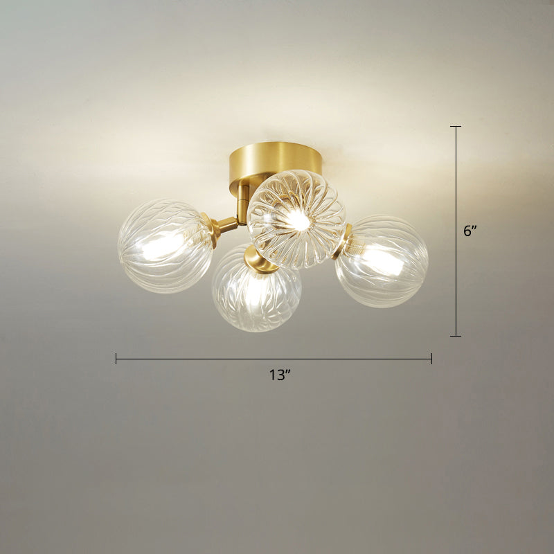 Modern Brass Semi-Flush Ceiling Light with Clear Twist Glass for Dining Room Lighting