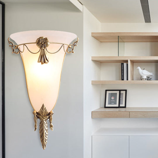 Trumpet Flare Sconce Light with White Glass and Brass Wall Fixture for Living Room - 9.5"/12.5" Wide