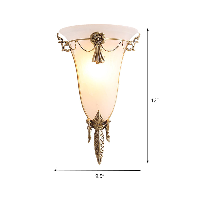Trumpet Flare Sconce Light with White Glass and Brass Wall Fixture for Living Room - 9.5"/12.5" Wide