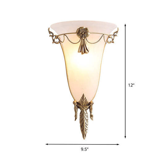 Trumpet Flare Sconce Light with White Glass and Brass Wall Fixture for Living Room - 9.5"/12.5" Wide