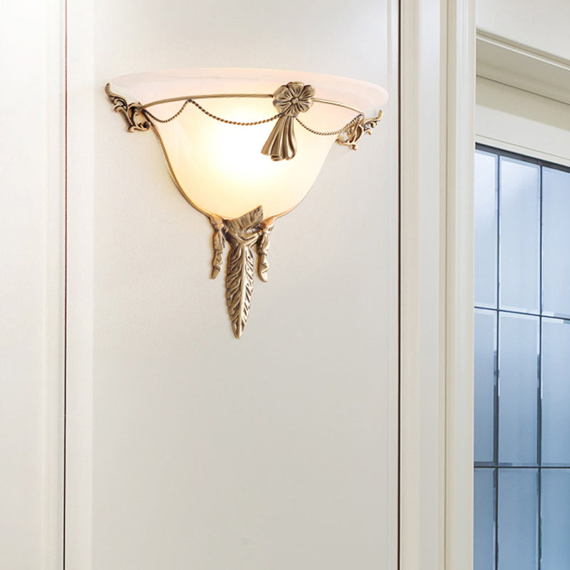 Trumpet Flare Sconce Light with White Glass and Brass Wall Fixture for Living Room - 9.5"/12.5" Wide
