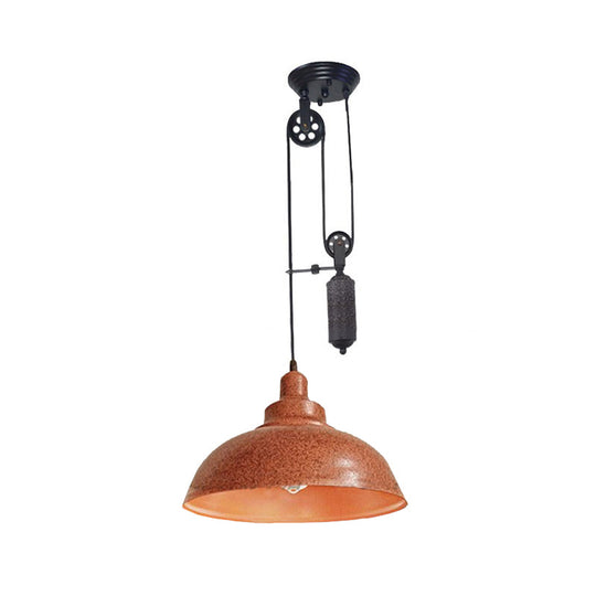 Rustic Industrial Dome Pendant Lamp with Pulley - 1 Light Metal Fixture in Brown/Grey for Living Room Lighting