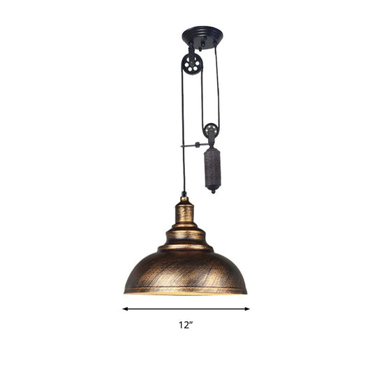 Rustic Industrial Dome Pendant Lamp with Pulley - 1 Light Metal Fixture in Brown/Grey for Living Room Lighting
