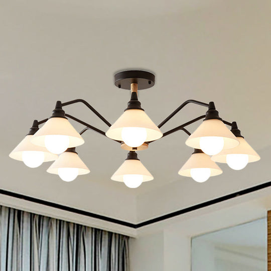 Modern Pyramid Living Room Chandelier Metal: 8-Light Hanging Fixture in Black/Green/Grey