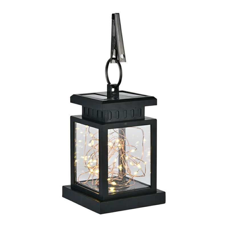 Artistic Black LED Solar Lantern Pendant Light with Clear Glass, Clamp, and Hook