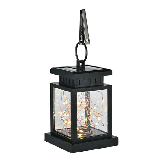 Artistic Black LED Solar Lantern Pendant Light with Clear Glass, Clamp, and Hook