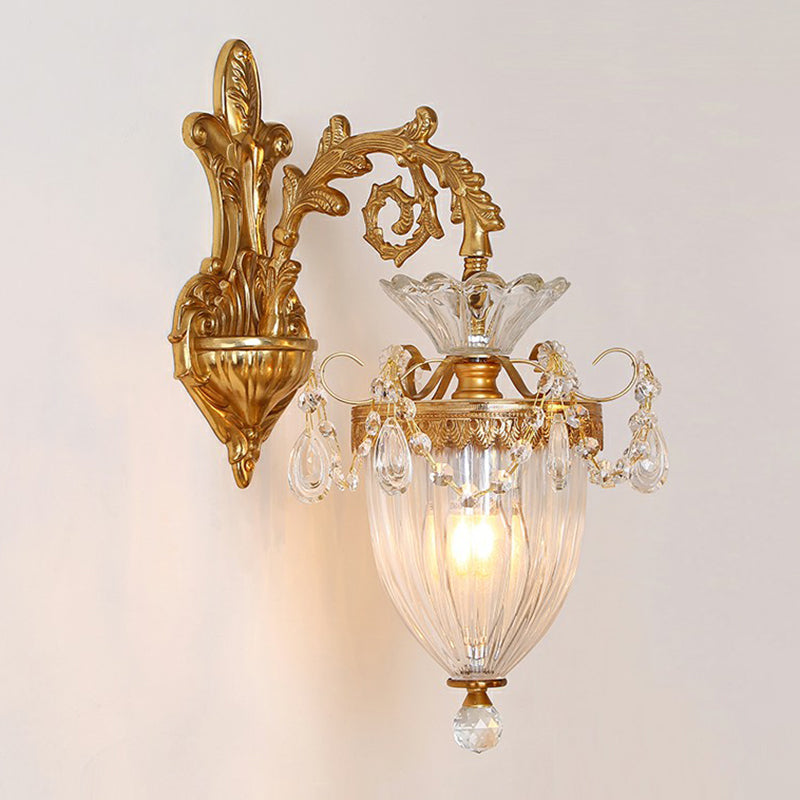 French Country Gold Wall Sconce with Clear Glass Bell Shade for Corridor