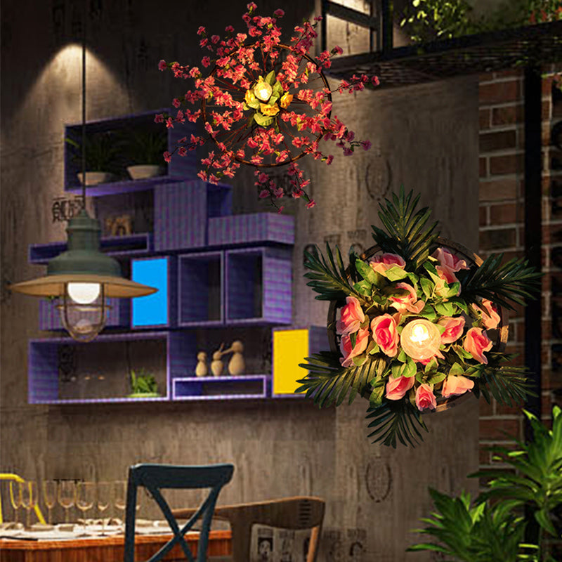 Industrial Metal Wall Mounted Lamp with Artificial Plant Décor - Single Wagon Wheel Wall Light