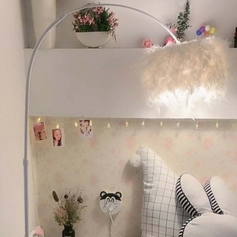 Nordic Feather Floor Lamp with Fishing Rod Arm for Bedroom - Stand Up Light (1 Bulb)