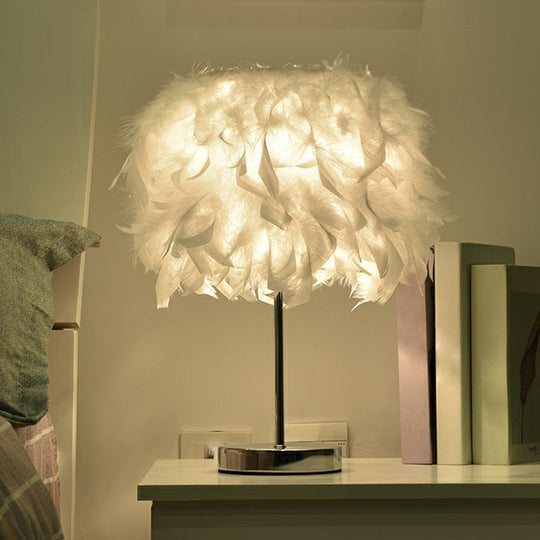 Nordic Feather Table Lamp - Cylindrical Natural Light for Bedroom or Nightstand
