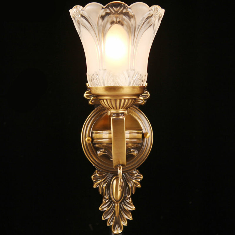 Bronze Floral Wall Sconce with Frosted White Glass - Single Bulb Wall Light for Aisle - Traditional Design