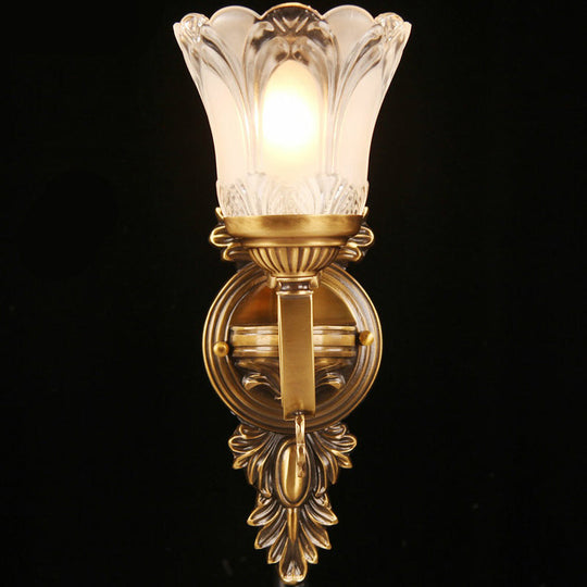Bronze Floral Wall Sconce with Frosted White Glass - Single Bulb Wall Light for Aisle - Traditional Design