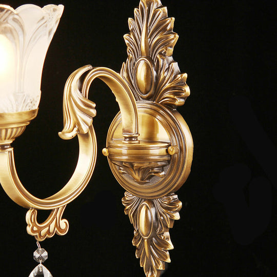 Bronze Floral Wall Sconce with Frosted White Glass - Single Bulb Wall Light for Aisle - Traditional Design