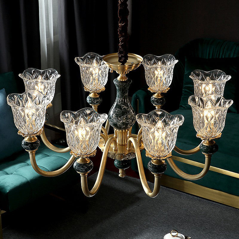 Colonial Brass Chandelier: Clear Glass Flower Up Suspended Lighting Fixture for Living Room