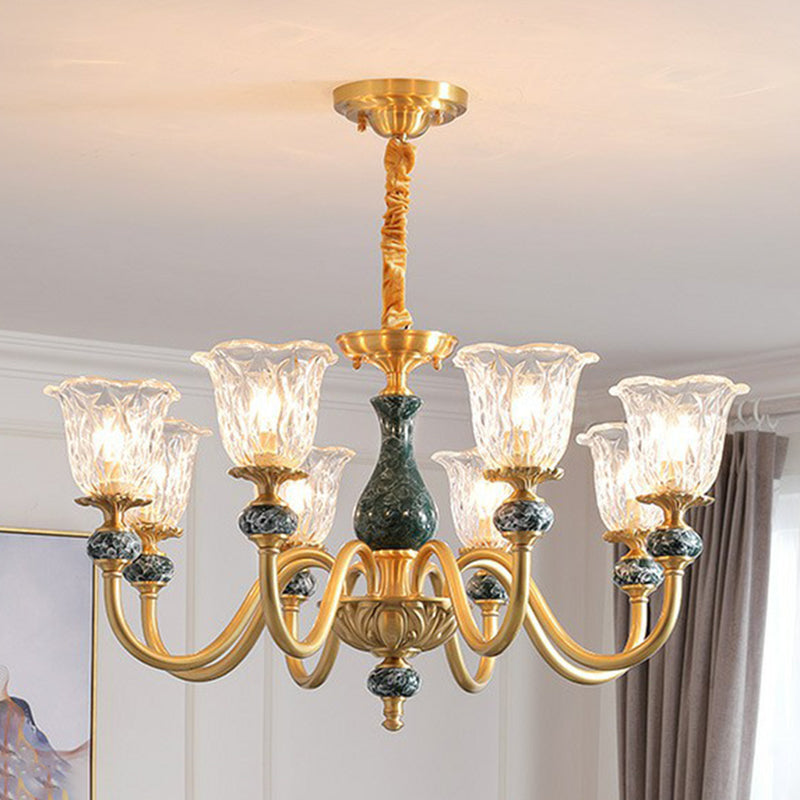 Colonial Brass Chandelier: Clear Glass Flower Up Suspended Lighting Fixture for Living Room
