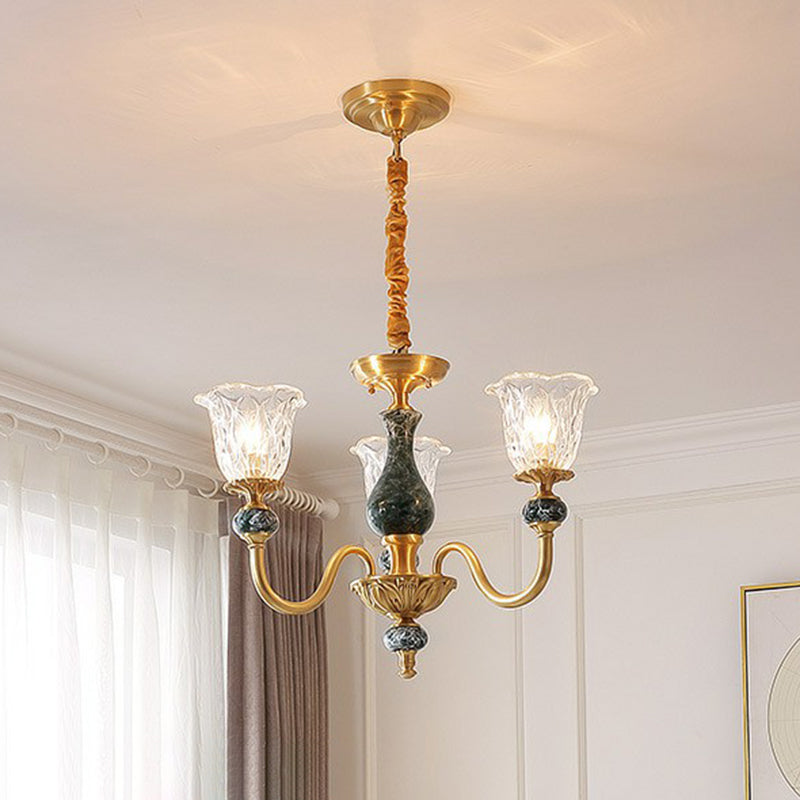 Colonial Brass Chandelier: Clear Glass Flower Up Suspended Lighting Fixture for Living Room