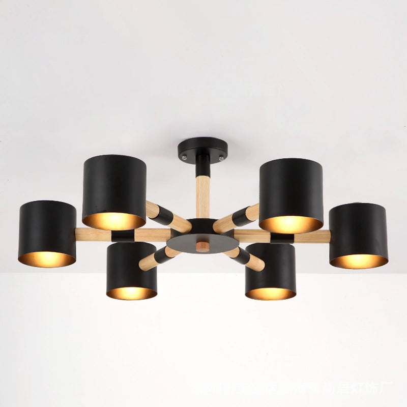Nordic Chandelier: Metal & Wood Cylinder Shade Hotel Hanging Light with 6 Heads