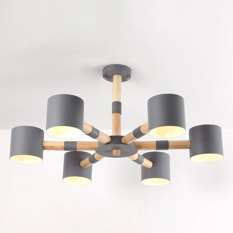 Nordic Chandelier: Metal & Wood Cylinder Shade Hotel Hanging Light with 6 Heads